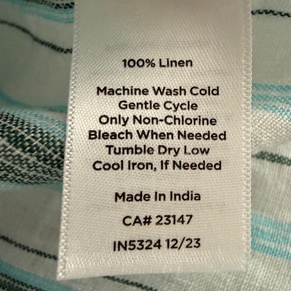 Talbots 100% Linen Striped Peasant Top L Teal Green Split V-Neck Boho Coastal - Picture 9 of 9